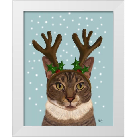 Calico Cat and Antlers White Modern Wood Framed Art Print by Fab Funky