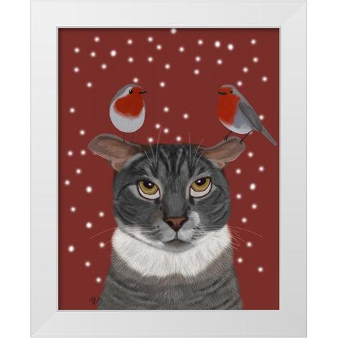Grey Cat and Robins White Modern Wood Framed Art Print by Fab Funky