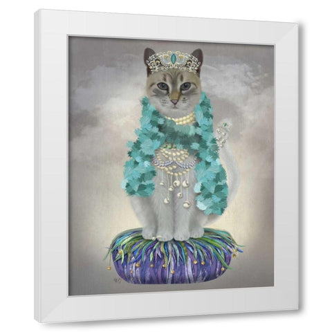 Grey Cat With Bells, Full White Modern Wood Framed Art Print by Fab Funky