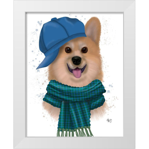 Corgi Baseball Hat and Scarf White Modern Wood Framed Art Print by Fab Funky