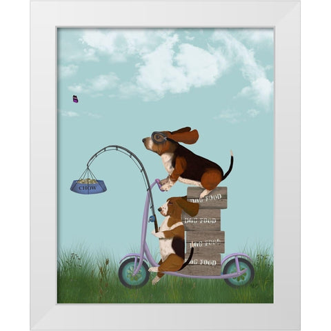 Basset Hound Scooter White Modern Wood Framed Art Print by Fab Funky
