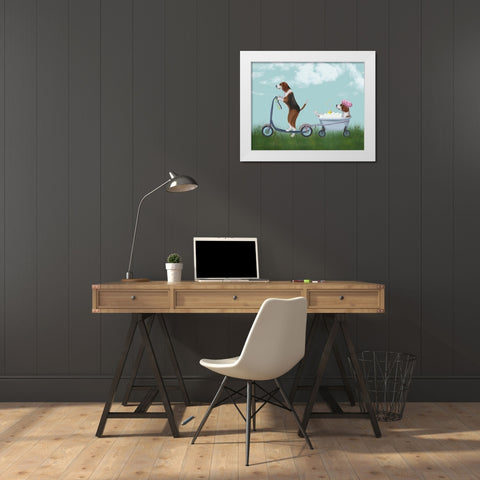 Beagle Scooter White Modern Wood Framed Art Print by Fab Funky