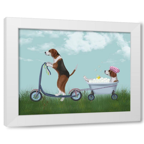 Beagle Scooter White Modern Wood Framed Art Print by Fab Funky