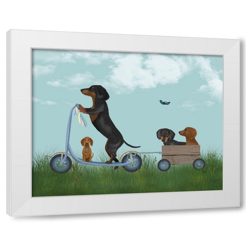 Dachshund Scooter White Modern Wood Framed Art Print by Fab Funky