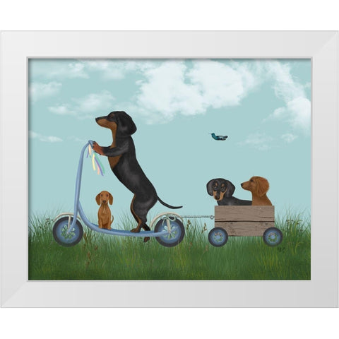 Dachshund Scooter White Modern Wood Framed Art Print by Fab Funky