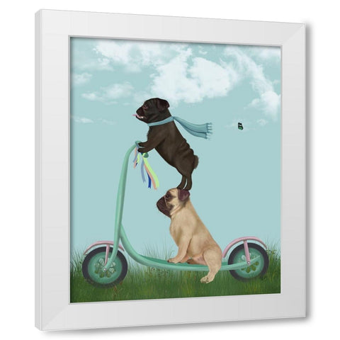 Pug Scooter White Modern Wood Framed Art Print by Fab Funky