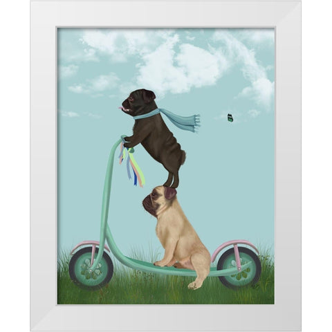 Pug Scooter White Modern Wood Framed Art Print by Fab Funky