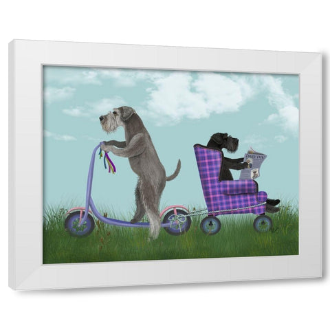 Schnauzer Scooter White Modern Wood Framed Art Print by Fab Funky