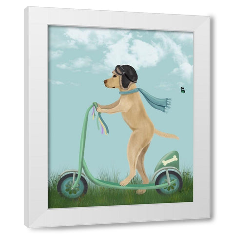 Yellow Labrador Scooter White Modern Wood Framed Art Print by Fab Funky