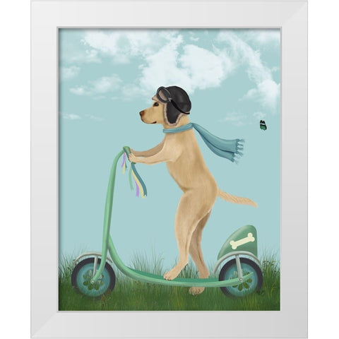 Yellow Labrador Scooter White Modern Wood Framed Art Print by Fab Funky
