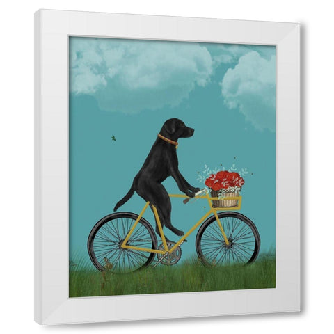 Black Labrador on Bicycle - Sky White Modern Wood Framed Art Print by Fab Funky