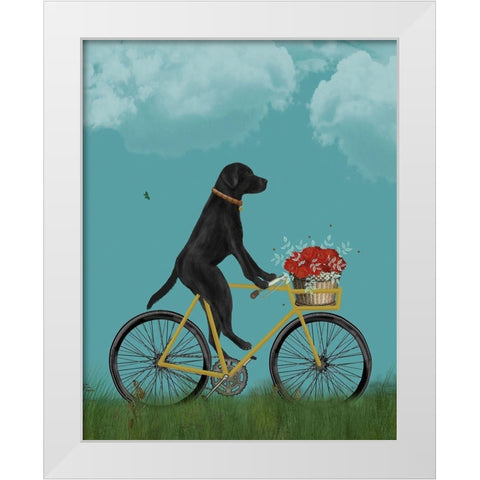 Black Labrador on Bicycle - Sky White Modern Wood Framed Art Print by Fab Funky