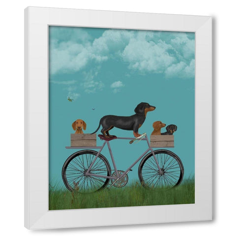 Dachshunds on Bicycle White Modern Wood Framed Art Print by Fab Funky