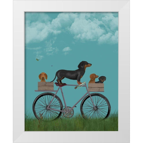 Dachshunds on Bicycle White Modern Wood Framed Art Print by Fab Funky