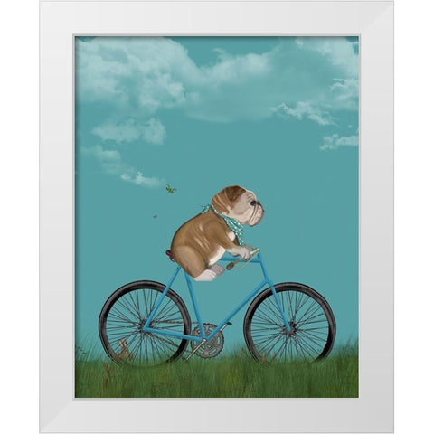 English Bulldog on Bicycle - Sky White Modern Wood Framed Art Print by Fab Funky