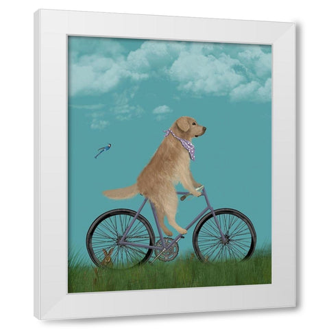 Golden Retriever Bicycle White Modern Wood Framed Art Print by Fab Funky