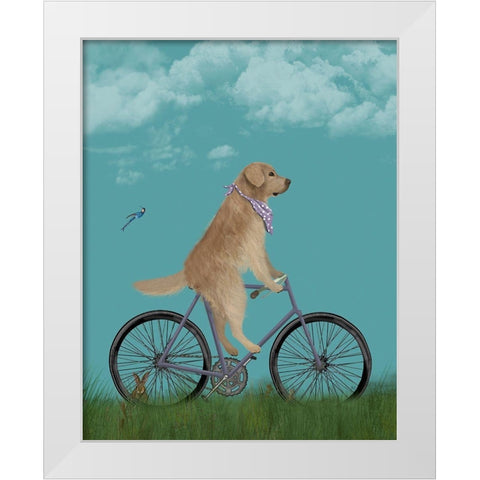 Golden Retriever Bicycle White Modern Wood Framed Art Print by Fab Funky