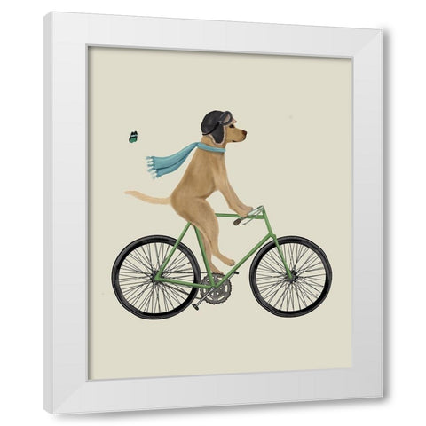 Yellow Labrador in Flying Helmet on Bicycle White Modern Wood Framed Art Print by Fab Funky