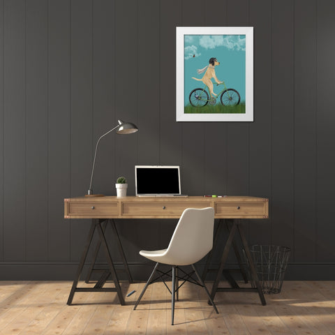 Yellow Labrador in Flying Helmet on Bicycle, Sky White Modern Wood Framed Art Print by Fab Funky