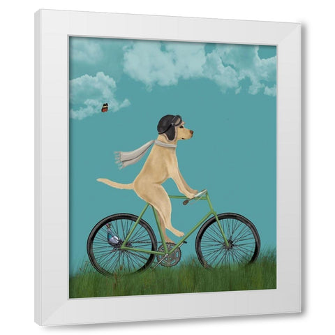 Yellow Labrador in Flying Helmet on Bicycle, Sky White Modern Wood Framed Art Print by Fab Funky