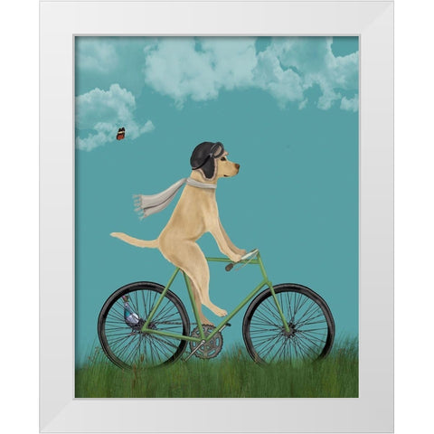 Yellow Labrador in Flying Helmet on Bicycle, Sky White Modern Wood Framed Art Print by Fab Funky