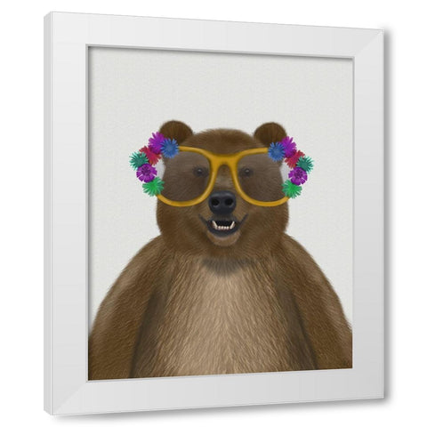 Bear and Flower Glasses White Modern Wood Framed Art Print by Fab Funky