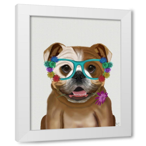English Bulldog and Flower Glasses White Modern Wood Framed Art Print by Fab Funky