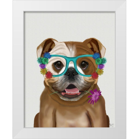 English Bulldog and Flower Glasses White Modern Wood Framed Art Print by Fab Funky