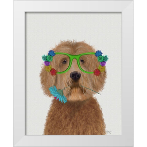 Labradoodle Golden and Flower Glasses White Modern Wood Framed Art Print by Fab Funky