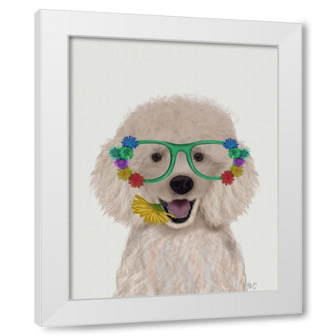 Poodle, White and Flower Glasses White Modern Wood Framed Art Print by Fab Funky
