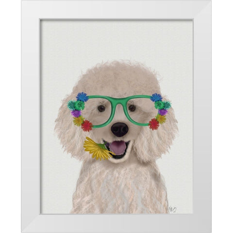 Poodle, White and Flower Glasses White Modern Wood Framed Art Print by Fab Funky
