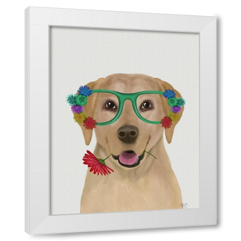 Yellow Labrador and Flower Glasses White Modern Wood Framed Art Print by Fab Funky
