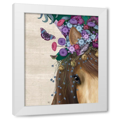 Horse Mad Hatter, Close Up White Modern Wood Framed Art Print by Fab Funky