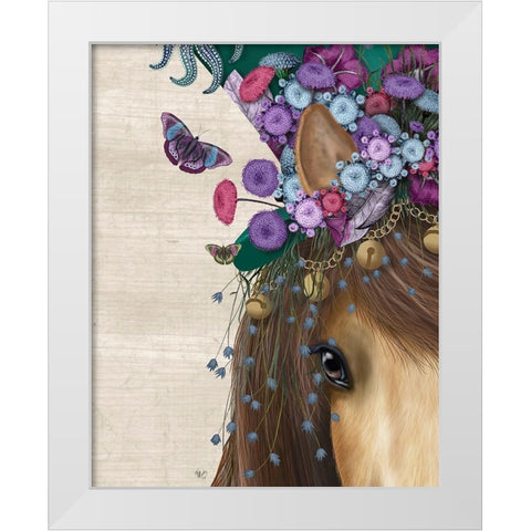 Horse Mad Hatter, Close Up White Modern Wood Framed Art Print by Fab Funky