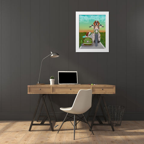 Beagle Chopper and Sidecar White Modern Wood Framed Art Print by Fab Funky