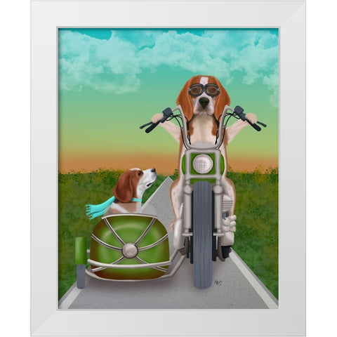 Beagle Chopper and Sidecar White Modern Wood Framed Art Print by Fab Funky