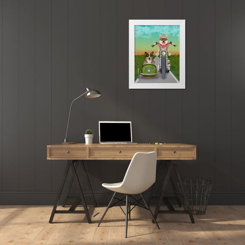 Corgi Chopper and Sidecar White Modern Wood Framed Art Print by Fab Funky