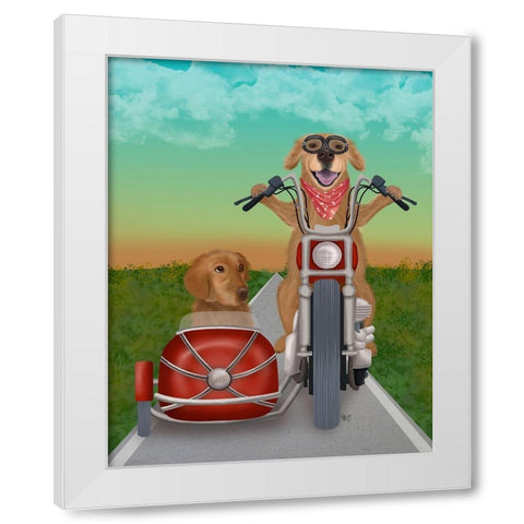 Golden Retriever Chopper and Sidecar White Modern Wood Framed Art Print by Fab Funky