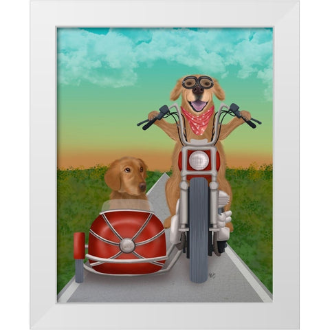 Golden Retriever Chopper and Sidecar White Modern Wood Framed Art Print by Fab Funky