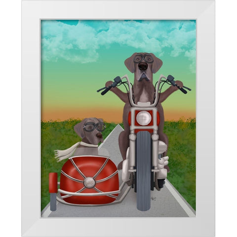 Great Dane Chopper and Sidecar White Modern Wood Framed Art Print by Fab Funky