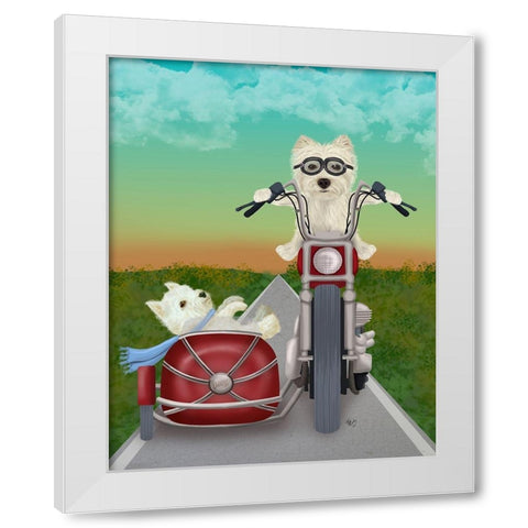 Westie Chopper and Sidecar White Modern Wood Framed Art Print by Fab Funky