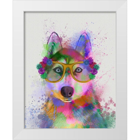 Husky Rainbow Splash White Modern Wood Framed Art Print by Fab Funky