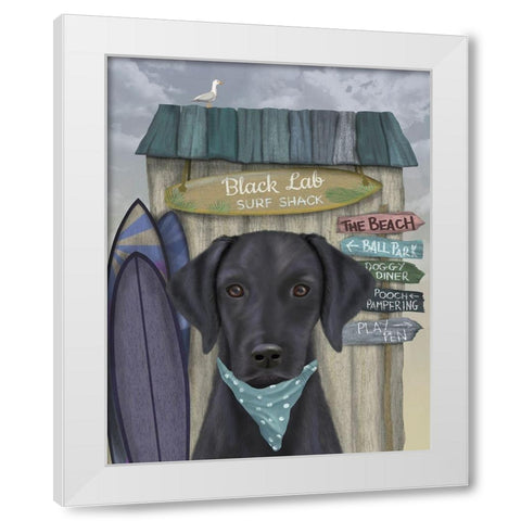 Black Labrador Surf Shack White Modern Wood Framed Art Print by Fab Funky