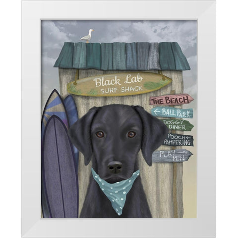 Black Labrador Surf Shack White Modern Wood Framed Art Print by Fab Funky