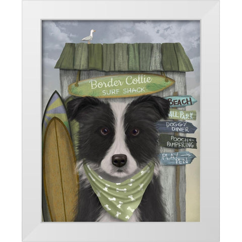 Border Collie, Black and White, Surf Shack White Modern Wood Framed Art Print by Fab Funky
