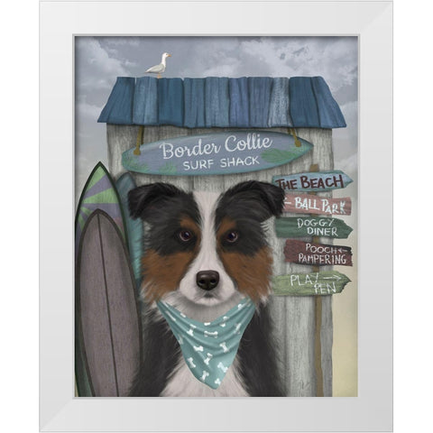 Border Collie, Tricolour, Surf Shack White Modern Wood Framed Art Print by Fab Funky