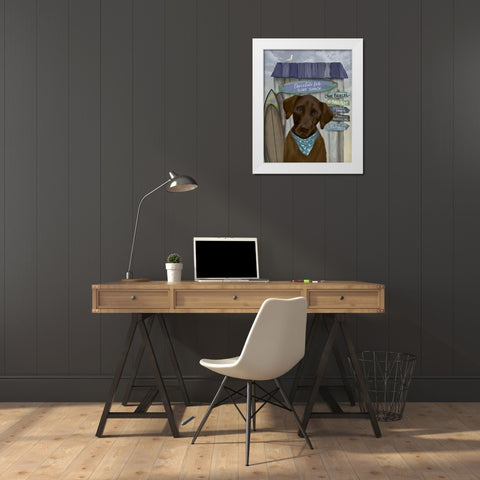 Chocolate Labrador Surf Shack White Modern Wood Framed Art Print by Fab Funky