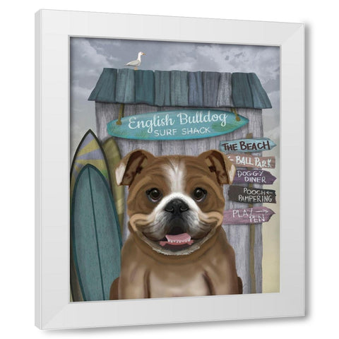English Bulldog Surf Shack White Modern Wood Framed Art Print by Fab Funky