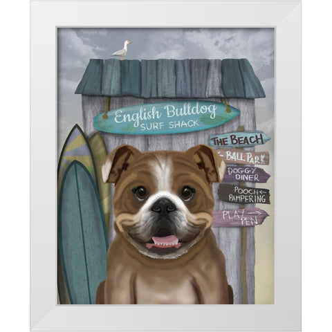 English Bulldog Surf Shack White Modern Wood Framed Art Print by Fab Funky