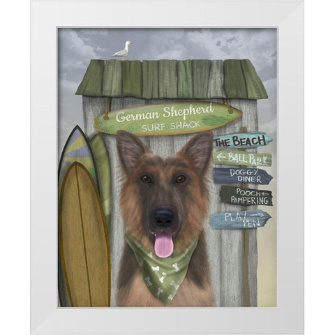 German Shepherd Surf Shack White Modern Wood Framed Art Print by Fab Funky